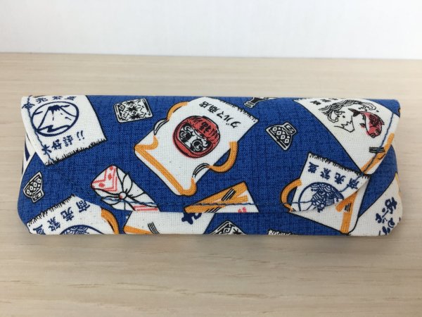 画像1: メガネケース ブルー 和柄 新品 (1)